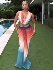 Beyprern Tropical Goddess Ombre Skirt Set Swimsuits Holiday Outfits Womens Mesh Ruched Crop Top And Long Straps Maxi Skirt Set