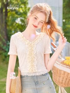 HEYINI | Apricot Color Lace Top V-Neck Short Sleeve