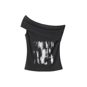 Airhood Summer Vintage Asymmetrical Slim Fit Short Sleeve T-Shirt Women Stylish Shoulder Bared Spicy Top Creative Print Hot Girl Style