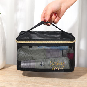 【Muswannas】Large-Capacity Black Mesh Makeup Case Organizer Storage Pouch Casual Zipper Toiletry Wash Bags Make Up Women Travel Cosmetic Bag