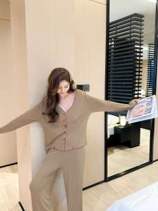 ฤดูใบไม้ผลิ ฤดูใบไม้ร่วง Modal ชุดนอน ผู้หญิง ลำลอง เสื้อผ้าบ้านแขนยาวชุดสองชิ้น เรียบง่าย พรางหุ่น สวมใส่สบายได้กลางแจ้ง