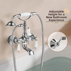 French Retro Golden Copper Bath Faucet Shower Set Double Handles