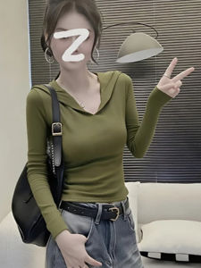 Korean Style Long Sleeve Hoodie T-Shirt Womens Early Autumn Slim Fit Base Layer Top Pure Color Design Sensation Streetwear