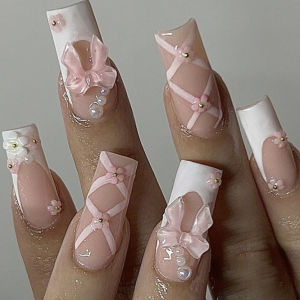 Sweet White French Press on Nails 3D Pink Bow Floral Pearl Crisscross Line Cute Long Square Removable Fake Nails for Women Girls