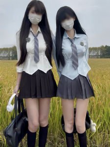 Slim Fit Short Sleeve Shirt Womens School Uniform JK Uniform Set White Waist-Cut Shirt Summer College Style Fashion