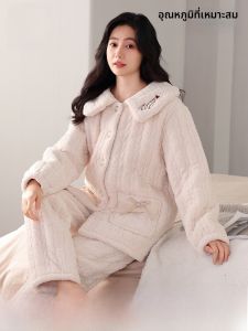 MiiOW | ชุดนอนผ้าขนแกะสีชมพู ผ้าขนแกะหนา 3 ชั้น ผ้าขนแกะนม ชุดนอนผู้หญิง ฤดูใบไม้ร่วง/ฤดูหนาว 2025 ใหม่ล่าสุด ชุดนอนผ้าขนแกะโพลีเอสเตอร์ 100%