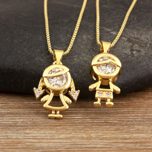 Fashionable Son Daughter Pendant Necklace Copper Chain Cubic Zirconia Family Girl Boy Copper Jewelry For Childrens Day Gift