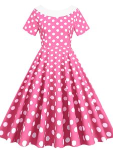 Summer New Womens Hepburn Style Doll Collar Butterfly Knot Polka Dot Retro Slim Fit Party Dress Polyester Fiber Midi Skirt