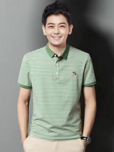 ROMON | Lomond Mens Short Sleeve T-Shirt Summer Thin Loose Business Casual Ice Silk Stripe Dads Polo Shirt With Collar Fashionable Urban Style