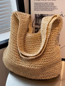 Large Capacity Straw Woven Tote Bag Womens Summer Vacation Beach Casual Double Shoulder Strap Soft Handbag Korean Style