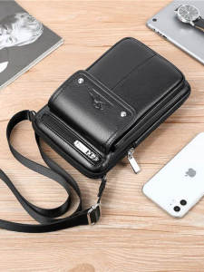 Leather Mens Crossbody Bag Casual Mobile Phone Mini Backpack Single Shoulder Bag Trendy Hip Hop Style Leisure Waist Bag