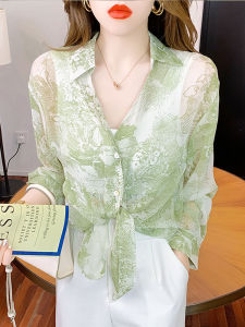 chaqi | Retro Water Ink Print Summer New Loose Outerwear Lightweight Sun Protection Shirt Transparent Chiffon Breathable Long Sleeve Polo Collar