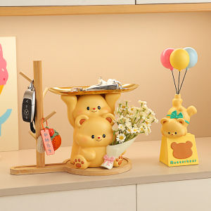 Cute Bear Holding Flower Home Entrance Key Storage Living Room Decorations Cartoon Style Resin Craft Storage Tray for Daily Gifts