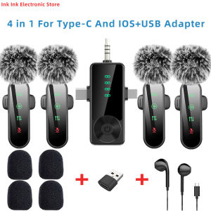 Pink 1 in 4 Lavalier Microphone Noise Cancelling Wireless With Wind Muff Lapel Mic For iPhone Android Camera 4 Pack LED Display