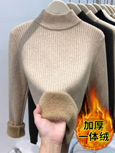 Womens Thickened Half-High Collar Knitted Sweater Winter Fashion Slim Fit One-Piece Fleece Base Shirt Inner Wear New 2024