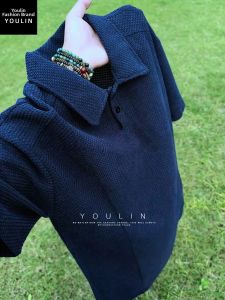 YOULIN | Navy Dragon Scale Pattern Turn-down Collar Short Sleeve Polo Shirts for Men Cool & Breathable Summer Wear