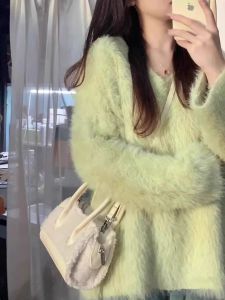 Green Mink Fur V-neck Sweater Female Fall and Winter 2023 New Arrival Loose Pullover Lazy Soft Glutinous Inner Sweater