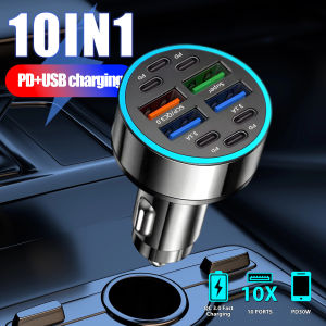 10-IN-1 Charging Port Car Charger Super/PD/QC3.0 Quick Charger Auto Plug USB Charger Adapter Flash Charger for iPhone Samsung Huawei Xiaomi
