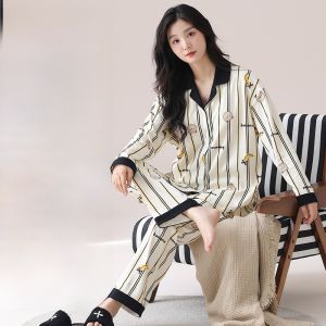 Miiow | Pure Cotton Sleepwear Womens Spring Autumn Casual Long Sleeve Home Clothes Set With Chest Pad Large Size Loose Fit Cat Person