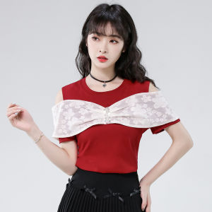 YIGE Fashionable ruffled flower short sleeved contrasting cotton T-shirt for womens summer 2025 new design sense off shoulder top slimming temperament trendy small shirt