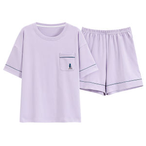 Miiow | Cat Person Womens Summer Sleepwear Set Thin Cotton Short Sleeve Shorts Home Clothes Antibacterial Cute Embroidery Pattern