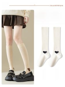 JINGCHI | Tất ống dài cotton nguyên chất cho nữ mùa thu đông thường ngày phong cách cổ điển màu nâu cho giày lười Tất bó sát