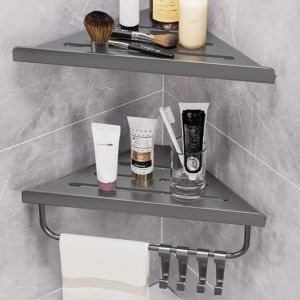 Bathroom Shelves Triangle Drain Shelf No Drilling Wall Mounted Corner Shelf Carbon Steel Shower Caddy Rack with Hooks Wall Shelf