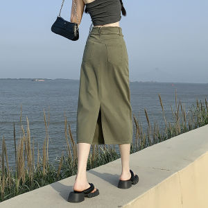 QIAOMIDUO | Spring Summer High Waist A-Line Mini Dress Womens Y2K Small Size Military Green Split Colorful Half Skirt Denim Long Skirt