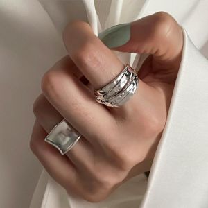 Fashionable Wide Edge Geometric Line Wrapped Ring for Women Creative Personality S925 Silver Open Finger Ring Trendy Index Ring