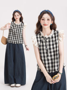Retro Black and White Checkered Puff Sleeve Lace Trim Ribbon Tied Blouse