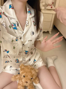 Summer Thin Short Sleeve Cartoon Pajamas Womens Sweet Casual Home Clothes Set Pastel Colors Comfortable Breathable Nightwear
