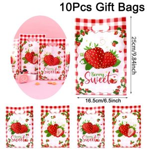 10/20/50pcs Pink Strawberry Handbags Girls Party Gift Packaging Bag Strawberry Birthday Party Supplies Kids Gifts Cookies Bags
