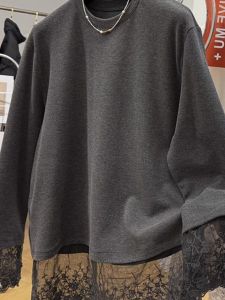 Lace Splice Long Sleeve T-Shirt Womens Base Shirt Spring New Loose Mid-Length Brushed Butt Covering Top Commute Style Polyester Spandex