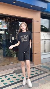 🚚พร้อมส่ง🚚ชุดเซ็ท ผู้หญิง 🆕ชุดเซตเสื้อยืด+กางเกงขาสั้น พิมพ์ตัวอักษร สีพาสเทล ใส่สบายไม่ร้อน TZ5015