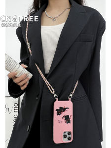 Adorable Cartoon Cat Phone Case for  15 16Pro Max Soft Shell Dual Hole Anti-Fall Adjustable Lanyard Short Chain Handheld