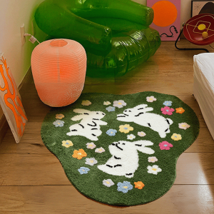 VIKAMA Cartoon Rabbit Floral Rug Soft and Plush Bedside Rug for the Bedroom Living Room Floor Mat Home Decor