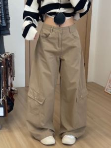 Retro American Work Pants High Waist Wide Leg Multi Pockets Loose Fit Womens Autumn Long Version Knife Edge Jeans