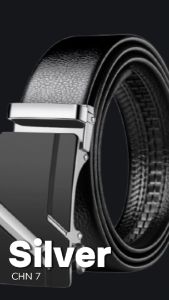 Sabuk Ikat Pinggang Kulit Pria CHN7 Silver Gesper Kepala Besi Black Fashion Formal Cowok Premium