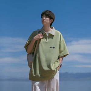 Heavyweight Pique Cotton Polo Shirt Mens Short Sleeve Summer Loose Casual Half Zip Collar T-Shirt Trendy Loose Sleeveless