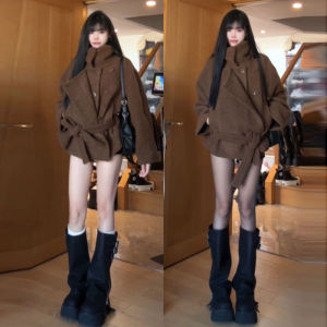 Retro Stand Collar Belted Short Woolen Coat for Women Elegant Mini Size Autumn New Style Button Pocket Detail Pure Color