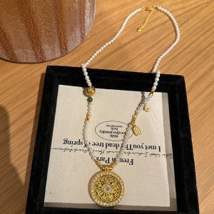 Luxurious Pearl Necklace Light Chinese Style Eight Treasure Compass Sweater Chain Sand Gold Jewelry Fashionable Ethnic Wind