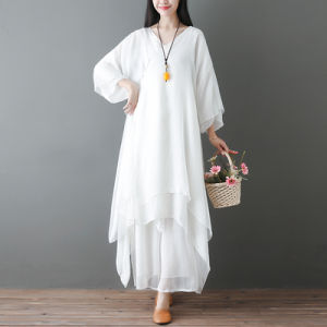 Linen Cotton Set Summer 2025 Womens Wide Leg Pants Tea Costume Maxi Dress Zen Dance Wear Two Piece Set Fashionable Casual