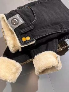 Winter High Waist Slim Fit Fleece Lined Womens Jeans Sheepskin Bootcut Pants Anti-Wrinkle Long Trousers Pure Color