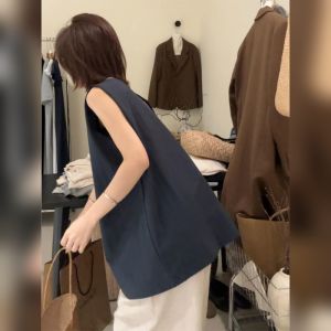 YUFUQING | French Style Loose Sleeveless Backless Shirt Womens Summer New Design Indigo Color Top Casual High Waist Polyester Fiber