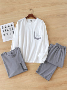 ผู้ชายบริสุทธิ์ ผ้าฝ้าย แขนยาว ชุดนอน ฤดูใบไม้ผลิ ฤดูร้อน ชุดเสื้อผ้าบ้านบาง คอกลม สองชิ้น ลำลอง สวมใส่สบายกลางแจ้ง