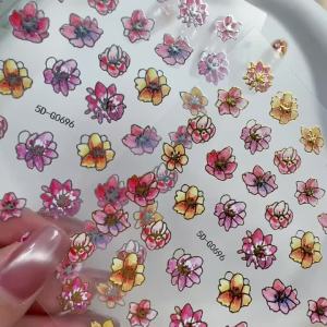 Gold Silver 5D Embossed Flower Nail Stickers Pink Purple Gradient Blossom Adhesive Nails Decals Spring Floral Manicure Sliders 1