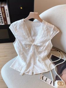 Áo Thun Tay Ngắn Màu Trắng Ren Cho Nữ Mùa Hè Thiết Kế Thắt Nút Bướm Ôm Vừa Vặn Đa Năng Thời Trang Thường Ngày