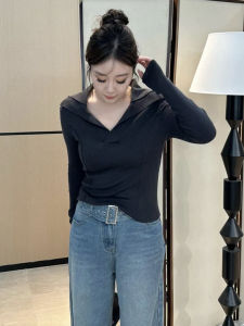 Qiqi plus Size Womens Long Sleeve Knitwear V-Neck Polo Collar Versatile Slimming Top for Autumn Spring Commute Wear