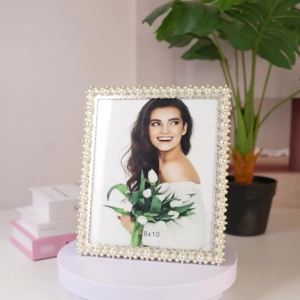 8x10 Picture Frame with Pearl and Crystal Decor for Wedding Photo Pearl Picture Frame for Wedding Gifts Ornate Frame Silver Plated for Tabletop Display