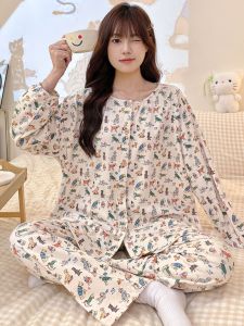2024 ใหม่ ผู้หญิง ผ้าฝ้าย ชุดนอนแขนยาว คอกลม เปิด คาร์ดิเกน น่ารัก การ์ตูน ชุดเสื้อผ้าบ้านสัตว์ ฤดูใบไม้ร่วง ฤดูใบไม้ผลิ บริการบ้าน